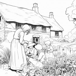 mother with 5 children weeding a garden in an old english countryside next to cobbled cottage with thatched roof