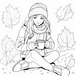 teenage girl sitting in the leaves warmly dressed in autumn clothes with a coffee in one hand and a book in the other