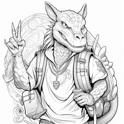 nice dragon with a backpack giving a peace sign