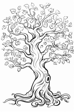 a large twisted oak tree with swirling leaves and hidden creatures like fairies or owls peeking through