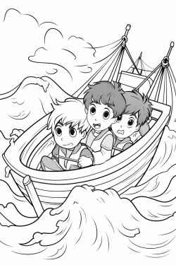 worried boys working in a big boat with a big storm