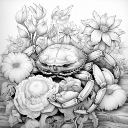 crab with snake mystical theme highly detailed black outline floral elements coloring page