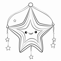 coloring page of a starshaped piata with simple patterns and streamers hanging from a rope
