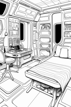 space ship cabin c bed with screens with desk space futuristic detail