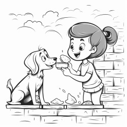 a girl painting the side of a wall and a dog eating pizza