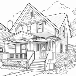black and white detailed line drawing of a cottage style home exterior high attention to details