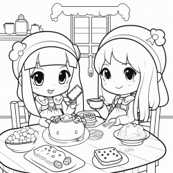 a kawaii coloring page of 2 best friends cooking lunch together in their cozy coquette decorated home