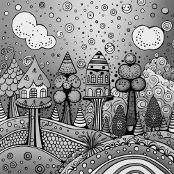 whimsical dotpainted landscape with colorful structures evokes playful mystery