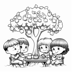 three girls and 2 boys having a tea party under a meatball tree