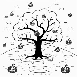 a simple spooky autumn forest with one large tree in the center that has a honeypot floating near it