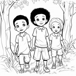 professional sketch drawing of african boy and a girl chlid with friend are watching the trees grow in forest