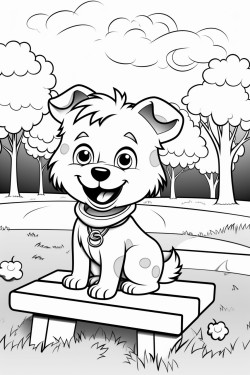 a smiling dog holding a piece of paper in the background a park with trees and a bench  autumn atmosphere