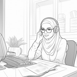 a muslim woman wearing hijab and glasses at the office desk answering the phone