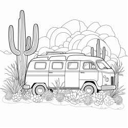 a van surrounded by cactus trees