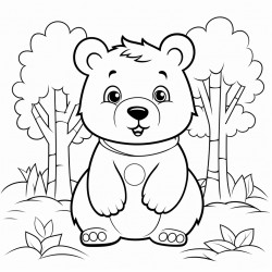 a cute bear black and white thin outlines surrounded by trees for kids at the age of 3