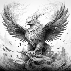 blackandwhite line art depicting a phoenix ascending from a base of abstract flames made of shattered shapes