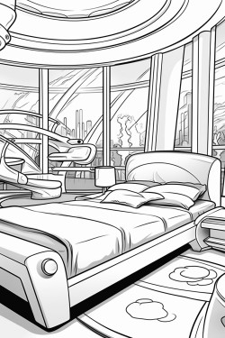 an expensive futuristic hotel room from the future with a bed and windows