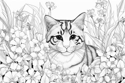 a cat between flowers and leaves in a huge garden