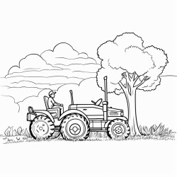 man on tractor with little girl sitting next to himm two trees in the distance