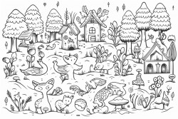 majestic trees woodland animals deer foxes owls mushroom patches flowing streams and cozy cabins