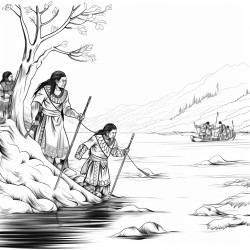 prompt native americans crossing a river on foot using a grapevine as a rope to keep them connected