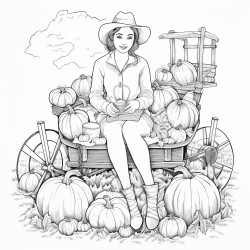 adult woman in jeans and check shirt sitting on a hay wagon which ist loaded with different pumpkins