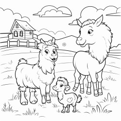 a cow and a sheep and a pony with some chickens in a paddock with daisies and grass