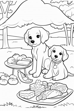 picnic scene in the park with sandwiches fruits and playful puppies