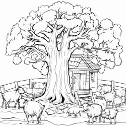 a large tree with roots showing barn and goats in the backgroun