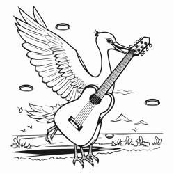 a crane with wings extended holding a guitar