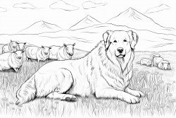 great pyrenees resting in a field with sheep