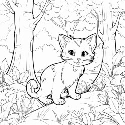 a curious cat exploring an enchanted forest