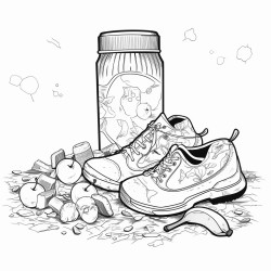 park with 4 pieces of garbage hidden an apple core old boot used pop can and candy wrapper