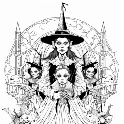 short female witch surrounded by three tall guys dressed in classic horror costumes