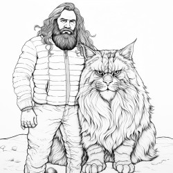 super large maincoon cat next to dwarfed image of human being