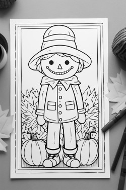 fall coloring page for kids with a scarecrow