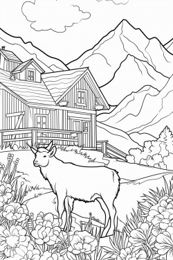 switzerland landscape with a quaint stone house surrounded by flowers and a wild goats graze in lavender fields