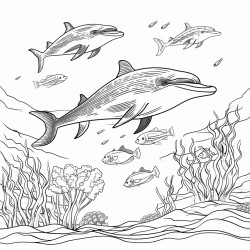 an ocean scene with dolphins sea turtles jellyfish and coral reefs