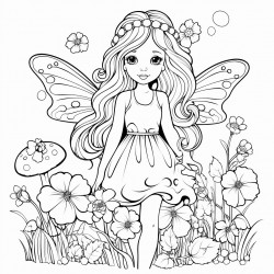 fairy with long hair and wings in the woods with mushrooms and pretty flowers