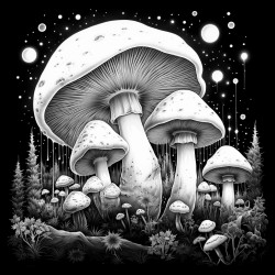 mushrooms with glowing spots and cosmic dust floating around them