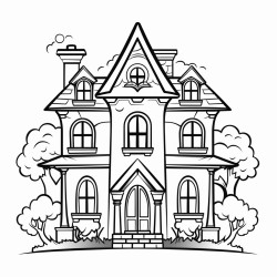 image with black lines on a white background a haunted house with glowing windows outlined in spooky large coloring book style no solid fill ample white space for easy coloring ideal for kids coloring books enhanced line clarity
