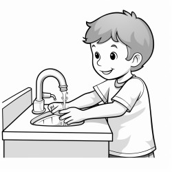 a kid rubbing and washing his hands under the tap water image should be black and white
