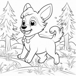 dog dancing with music notes in forest