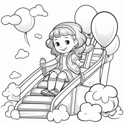 child on slide with balloons