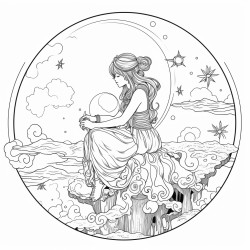woman sitting on the moon wearing a gothic style gown with mushrooms growing on the moon