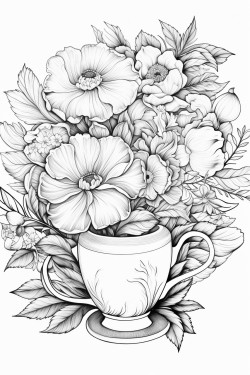 eine wunderschn verzierte tee tasse sowie ein aufgeschlagenes buch und blumen