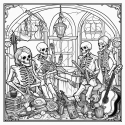 a skeletal band performing in a haunted tavern with intricate instruments and gothic decor
