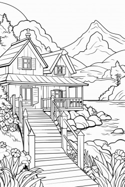 switzerland landscape with a quaint stone house surrounded by flowers wooden dock extending into a lake