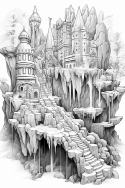 fancy cave of huge crystals black and white coloring book page for adults outlines only white background