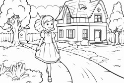 a little girl wearing a dress standing near a house with a garden path leading to the woods